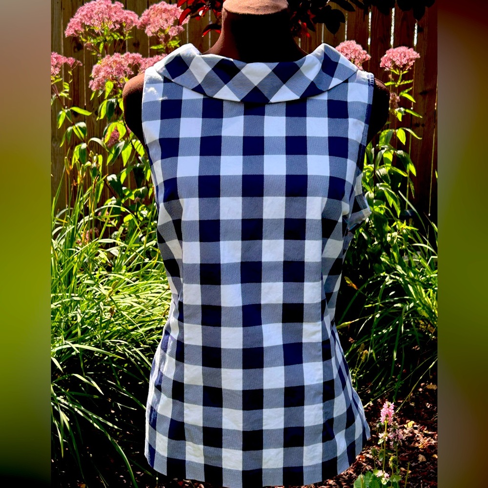 TALBOTS s10 navy check fitted top-portrait collar-button back-side zip-cotton